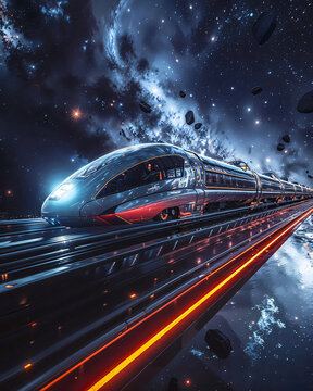   futuristic, high-speed train traveling on a track suspended in space, surrounded by stars and nebulae. This vision of the future suggests the possibility of rapid transportation across vast distance