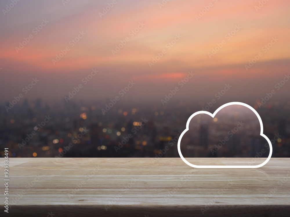 Poster cloud computing icon with copy space on wooden table over blur of cityscape on warm light sundown, t