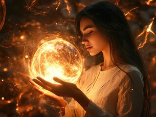 Naklejka premium Woman holding glowing orb