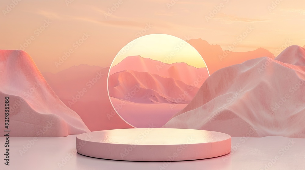 Poster a serene landscape showcases soft mountains and a circular backdrop, illuminated in warm colors duri