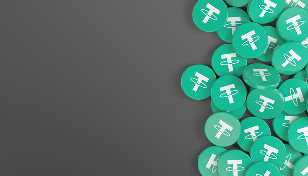 3d rendering of many round buttons with the logo of the cryptocurrency Tether (USDT) in green on a dark background - business concept.
