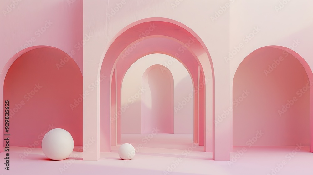 Poster soft pink arches gracefully frame a tranquil space, complemented by two minimalist spherical forms, 