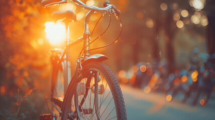 A bicycle in the city at sunset, silhouetted against a warm yellow sunny evening