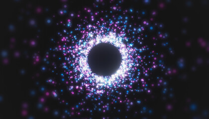 Illustation of blue and pink particles in a tunnel on a dark background - abstract background.