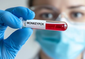 medical professional holding up a test tube labeled "Monkeypox" with a microscope visible in the blurred background