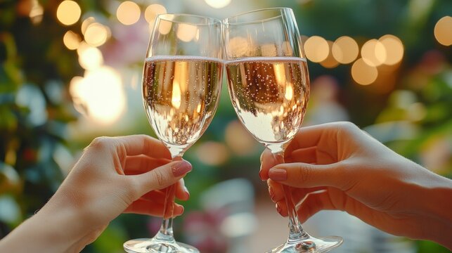 Celebratory toast with rose wine. Friends with glasses of champagne alcohol