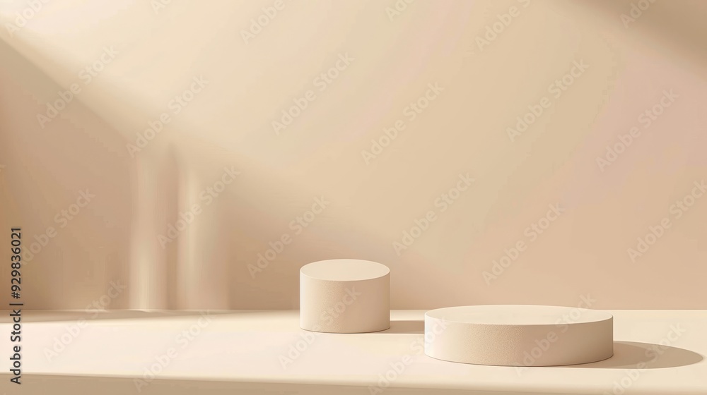 Aufkleber The setup showcases two simple circular podiums on a smooth surface against a soft, neutral backdrop, creating an elegant presentation space