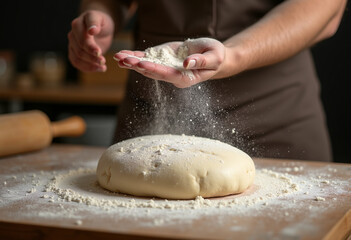 Chef's hands sprinkling flour