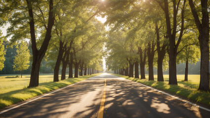 Fototapeta premium This is a picture of a road lined with trees, with the sun shining brightly in the distance.