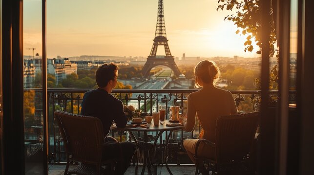 Romantic couple sit in hotel morning breakfast in eiffel tower