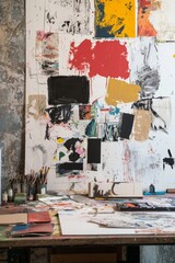 A creative workspace with a mood board in progress, including hand-drawn sketches, magazine clippings, and paint swatches