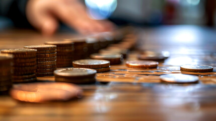 Obraz premium Stacks of Gold Coins on a Wooden Tabletop