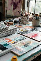 A creative workspace with a mood board in progress, including hand-drawn sketches, magazine clippings, and paint swatches