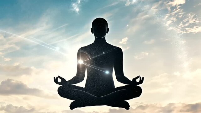 Double exposure image of a meditator&rsquo;s silhouette against a star-filled sky, symbolizing deep inner peace and universal harmony