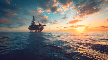 Offshore oil rig drilling platform at sunset. Oil and gas platforms north sea