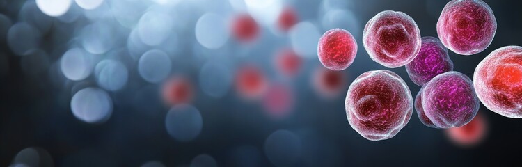 A group of glowing pink cells floating in the dark