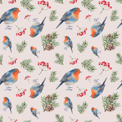 Fototapeta premium Robin with rowan berries and pine branches. Seamless pattern with forest birds and plants. Watercolor illustration hand painted. New Year and Christmas celebrations. A template for decoration.