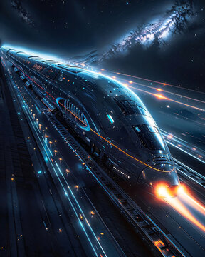 a futuristic, high-speed train traveling through a space-like environment, with a galaxy visible in the background. The train is sleek and modern, suggesting advanced technology and high-speed