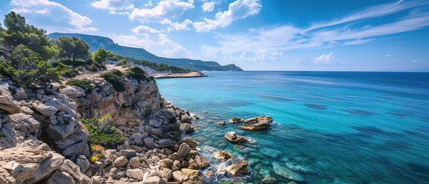 Scenic coastal landscape with clear blue water and rocky cliffs