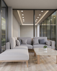 A contemporary living room features a comfortable sofa, a marble coffee table, and a parquet floor.