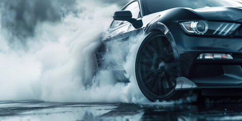 Black sports car burning rubber and generating smoke