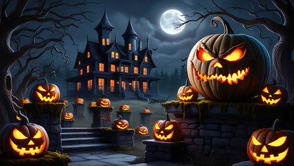 Halloween background with pumpkins and haunted house. Spooky scary dark Night forest and halloween background with Evil Pumpkin. Holiday event halloween banner background