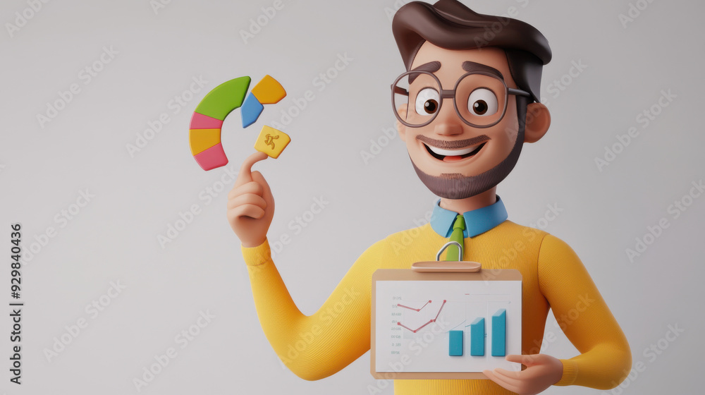 Poster 3d smiling marketer with a graph on a clean white background