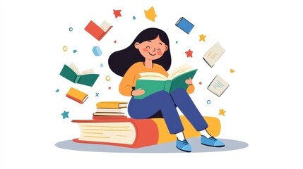 A young woman joyfully reads amidst a pile of colorful books, celebrating her love for literature on National Book Lovers Day.