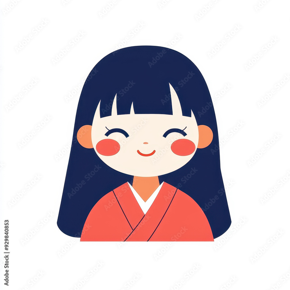 Poster a charming flat vector design of a smiling girl, featuring clean lines and minimal colors on a solid