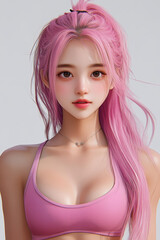 Naklejka premium A girl with long pink fluffy hair in sporty gear stands confidently at the gym, showcasing her vibrant style.