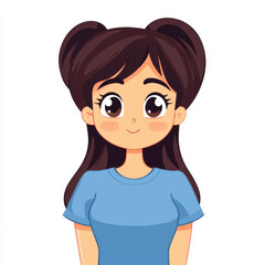Obraz premium Bright cartoon of a 3yearold Mediterranean woman with brown hair in a ponytail, dressed in a blue tshirt, gazing ahead.