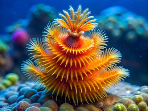 Vibrant Christmas Tree Worm Spirobranchus giganteus, a coral parasite, displays feathery plumes resembling a Christmas tree, on a rocky shoreline at Hirizohama beach in July.