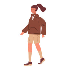 Young woman walking. Girl with comfortable clothes and shoes. Girl on vacation or walk wearing casual clothes. Flat cartoon vector isolated illustration on white background