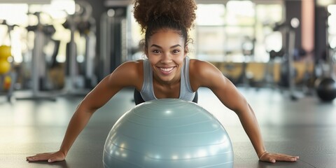 Naklejka premium Engage in a Dynamic Fitness Session that incorporates an Exercise Ball to enhance your workout experience and improve your overall performance and wellbeing while focusing on balance and flexibility