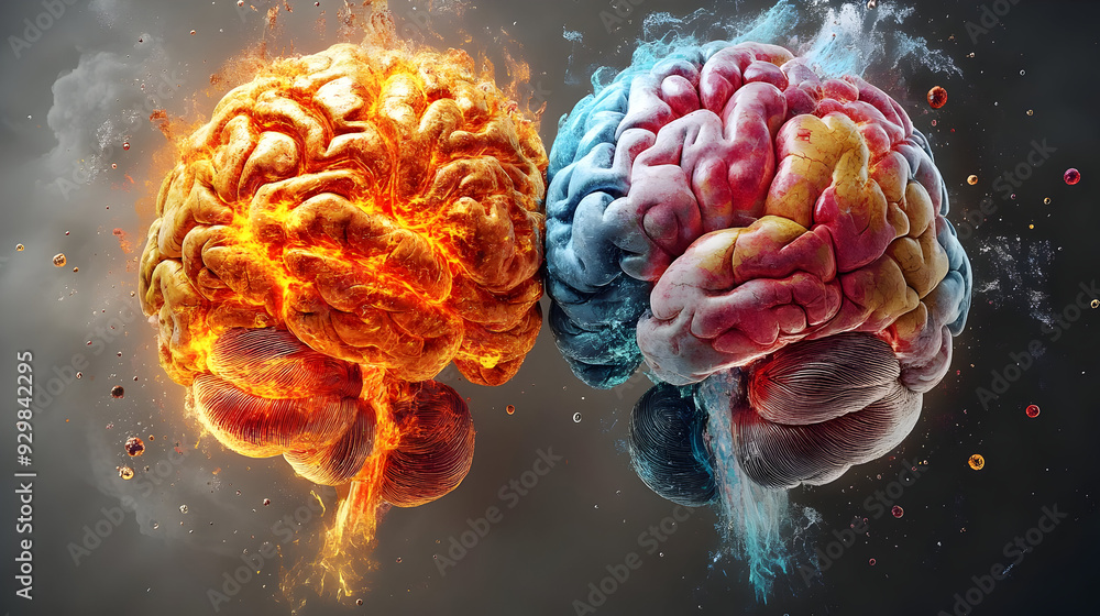 Poster a striking visualization of a brain split into fiery and cool halves.