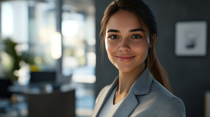 Fototapeta premium 8k image of a smiling business woman in a professional office, realistic lighting, highly detailed, high resolution, powered by unreal engine