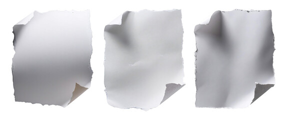 Collection of blank torn paper pieces with jagged edges and 3D shadows, floating on a transparent background, suitable for vintage distressed design projects.