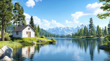 Fototapeta premium Serene lakeside retreat with wooden cabin, tranquil water reflections, peaceful escape