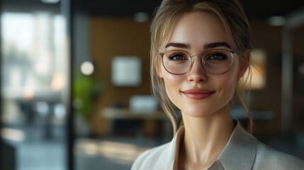 Fototapeta premium 8k image of a smiling business woman in an office, realistic lighting, highly detailed, high resolution, created with unreal engine