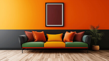  Modern living room interior with a vibrant green and orange sofa, colorful cushions, and a minimalist framed artwork. Copy space. Generative AI