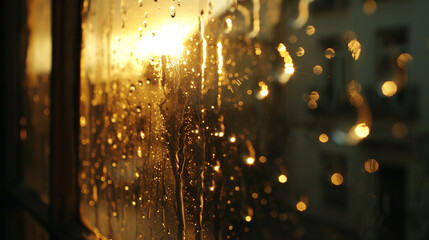 Raindrops running down a window, with bright sunlight shining through, creating a warm and cozy atmosphere