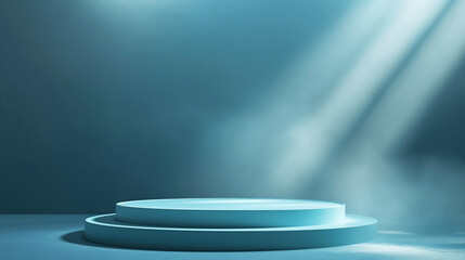 Obraz premium Minimalist spotlight on blue podium with soft lighting. Copy space. Generative AI