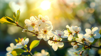 White Flowers on a Branch in the Sunlight