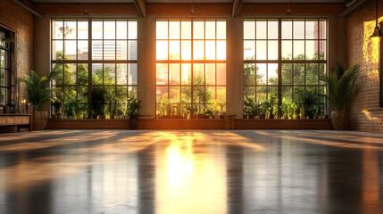 Obraz premium A sunlit room with large windows and greenery outside.