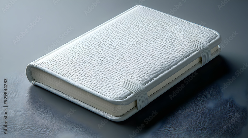 Poster a textured white notebook resting on a smooth surface.
