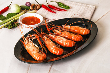 Boiled tiger prawn with sauce
