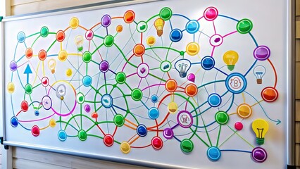 Vibrant colorful mind maps on a whiteboard, filled with creative ideas, concept bubbles, and connecting lines, representing innovative thinking and brainstorming sessions.