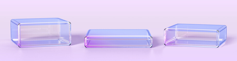 3d glass transparent clear stand podium display box isolated render icon set. Crystal square platform for product presentation, plastic cube pedestal with holographic gradient texture. 3D illustration