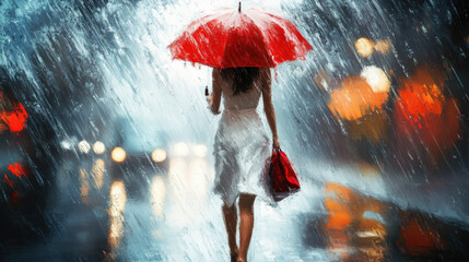 A beautiful woman in a white dress, umbrella and red handbag, walking through pouring rain, oil painting effect with realistic style, blurred trees and gray sky