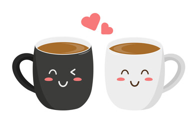Kawaii style. White and black coffee mugs. Isolated on white background. Vector illustration.	